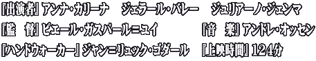 『出演者』 アンナ・カリーナ　 ジェラール・バレー　 ジュリアーノ・ジェンマ 『監　督』 ピエール・ガスパール＝ユイ　 　　 　『音　楽』 アンドレ・オッセン 『ハンドウォーカー』 ジャン＝リュック・ゴダール 　『上映時間』 124分