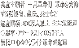 共産主義者・十月革命側・革命を支持 する労働者、農民、兵士など 無産階級：300万人以上 ◆黒軍・アナーキスト:10万3千人 農民中心のウクライナ革命蜂起軍